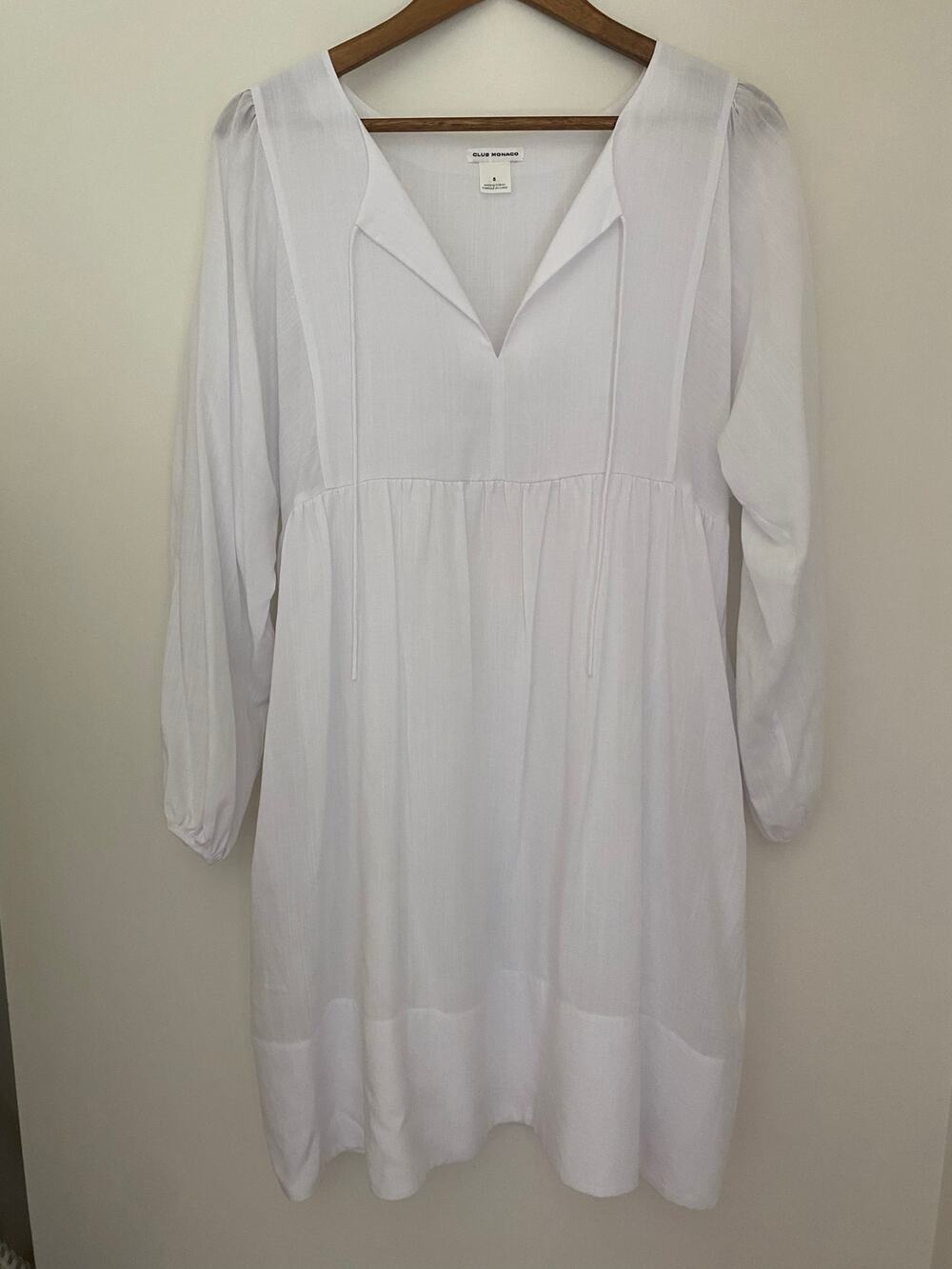 Club Monaco White Long Sleeve Dress Front Tie Classic Staple Capsule Basic EUC 8